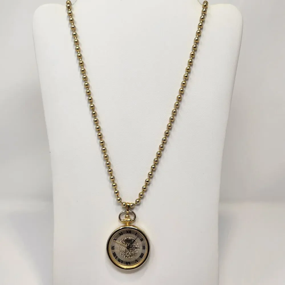 Dejuno Round Watch Pendant Ball Bead Long Necklace Vintage New Battery Works